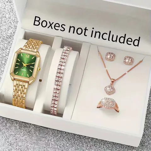 Women Quartz Watch Set Stainless Steel Alloy Rhinestone Rectangular Dial Fashion Casual Luxury Wristwatch Set