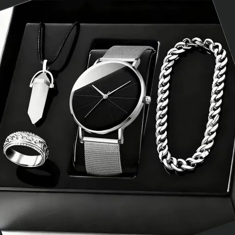 Heren Quartz Horloge Kruis Kogel Hanger Ketting Armband Ring Vierdelige Set Zakelijke Legering Sieradenset