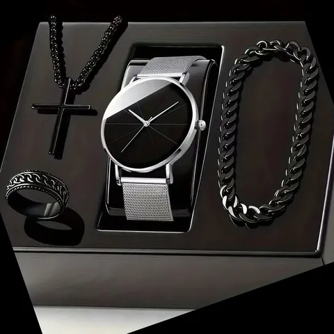 Heren Quartz Horloge Kruis Kogel Hanger Ketting Armband Ring Vierdelige Set Zakelijke Legering Sieradenset
