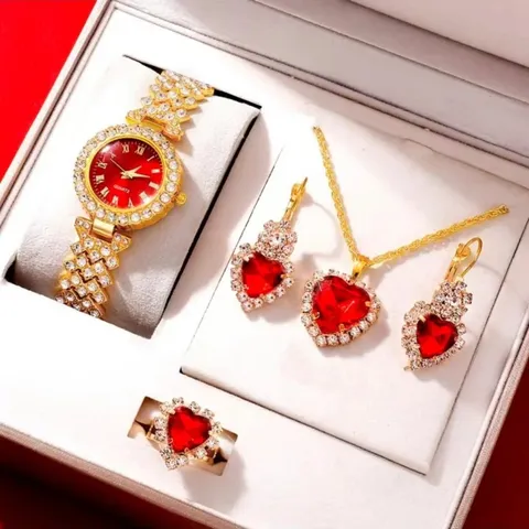 Mode Vrouwen Kwarts Horloge Ketting Oorbellen Ring Vier Delige Set Verguld Legering Strass Sieraden Set Cadeau