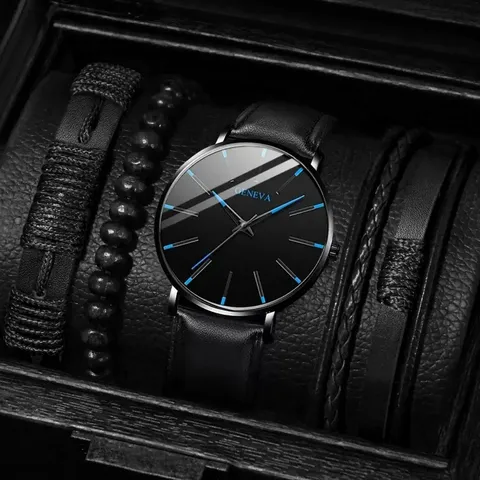 Ανδρικό Μόδας Ρολόι Quartz Set Δερμάτινο Λουράκι Βραχιόλια Casual Ρολόι Δώρο Κουτί