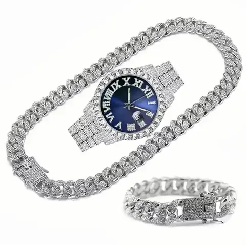Montre Quartz Luxe Homme Ensemble Bracelet et Collier Chaîne Gourmette Cubaine Hip Hop Cadran Strass Bijou Mode Cadeau