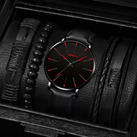 Ανδρικό Μόδας Ρολόι Quartz Set Δερμάτινο Λουράκι Βραχιόλια Casual Ρολόι Δώρο Κουτί