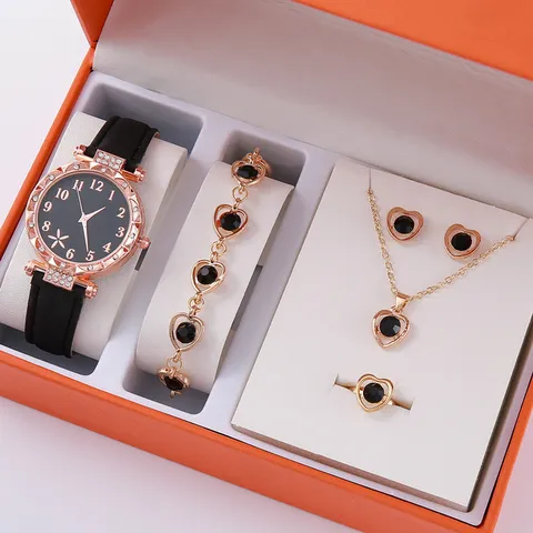 Moda Semplice Donna Orologio al Quarzo Set di Gioielli Strass Stella Farfalla Fascino Braccialetto Collana Orecchino Anello Set Cinturino in Similpelle Lega Orologio Rotondo per Ragazze Regalo