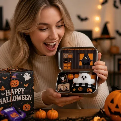 Creative Halloween Little Boo Tin Box Gift Set With Plush Ghost Doll Mini Pumpkin And Spooky Tales Decorative Books For Party