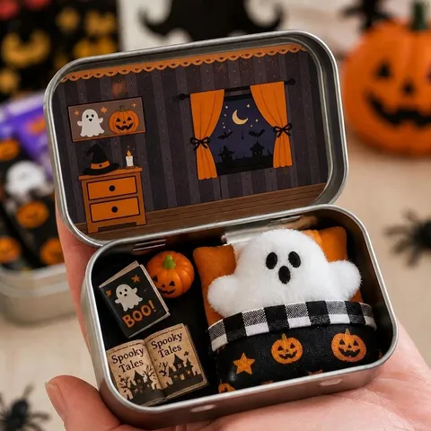 Creative Halloween Little Boo Tin Box Gift Set With Plush Ghost Doll Mini Pumpkin And Spooky Tales Decorative Books For Party
