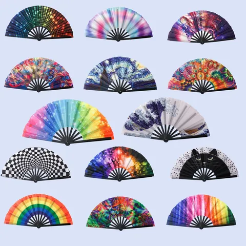 Abanico Plegable de 10 Pulgadas Costillas de Plástico Kung Fu Tai Chi Performance Abanico Decorativo Patrones Artísticos Arco Iris Sandía Van Gogh Impresión Abanico de Danza Herramienta Verano