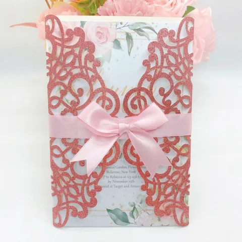 Elegant Laser Cut Wedding Invitations Hollow Lace Rose Flower Glitter Invitation Cards With Ribbon Bow For Valentine's Day Marriage Anniversary Party Decoration