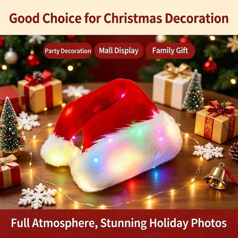 Led Light Up Christmas Hat Plush Festive Party Decoration Santa Hat Colorful Glow Soft Holiday Cosplay Headwear For Adult Kids