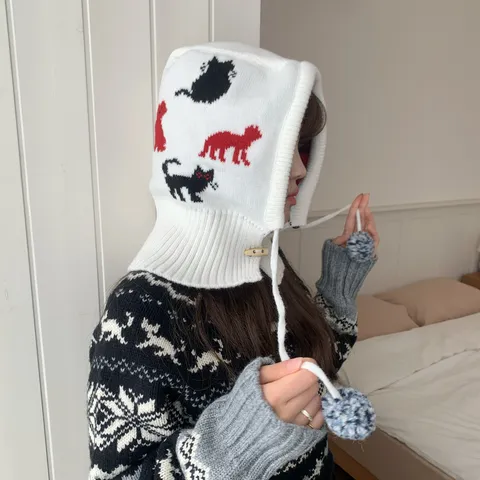 Cute Cat Pattern Balaclava Hat Winter Warm Knitted Hood Scarf Pom Pom Drawstring Windproof Beanie Cap For Women