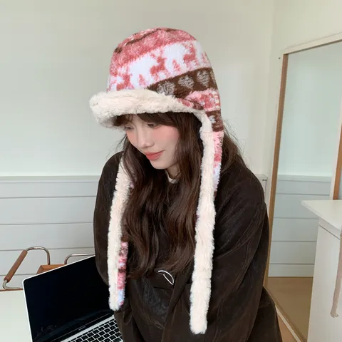 Damen Winter Warme Ohrenklappenmütze Vintage Ethno-Stil Plüsch Sherpa Bombermütze Verdickte Winddichte Thermische Trapper Mütze