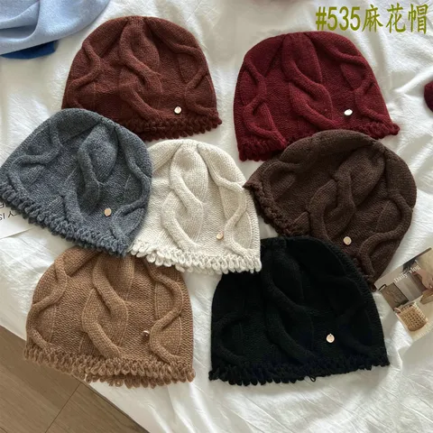 Pure Australian Wool Cable Knit Beanie Hat Women Autumn Winter Warm Thick Ear Protection Solid Color Fashion Ski Cap