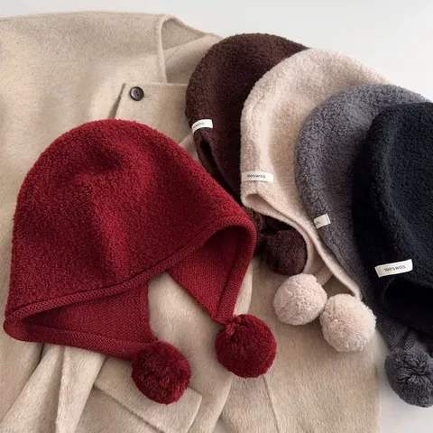 Women Winter Warm 100% Wool Balaclava Hat Thickened Knitted Earflap Beanie With Double Pom Poms Casual Fashion Headwear