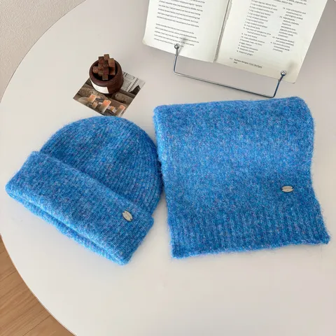 Winter Warm Knitted Hat And Scarf Set Wool Blend Beanie Neck Warmer Casual Outdoor Solid Color