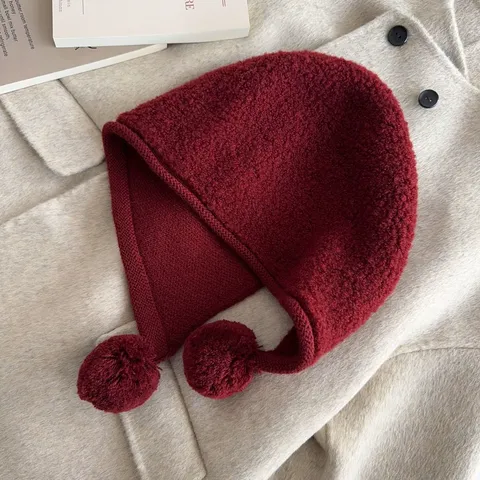 Women Winter Warm 100% Wool Balaclava Hat Thickened Knitted Earflap Beanie With Double Pom Poms Casual Fashion Headwear