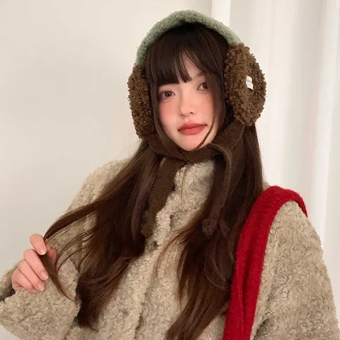 Women's Winter Warm Fleece Earmuffs Cute Plush Ear Warmer Outdoor Windproof Ear Covers Tied Strap Korean Style Cold Weather Accessories