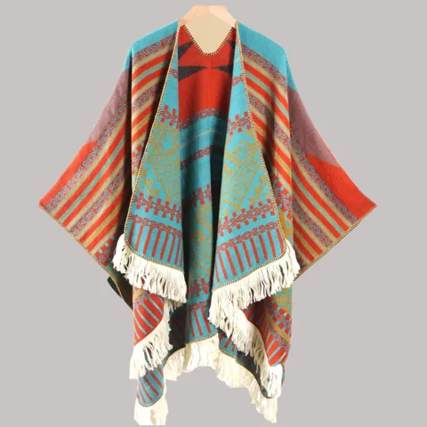 Women Ethnic Style Geometric Striped Knitted Shawl Tassels Winter Warm Pullover Cape Split Poncho Scarf Outerwear