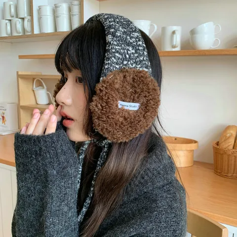 Winter Warm Plush Earmuffs For Women Cute Knit Colorblock Ear Warmers With Bow Straps Outdoor Windproof Cold Weather Earmuffs