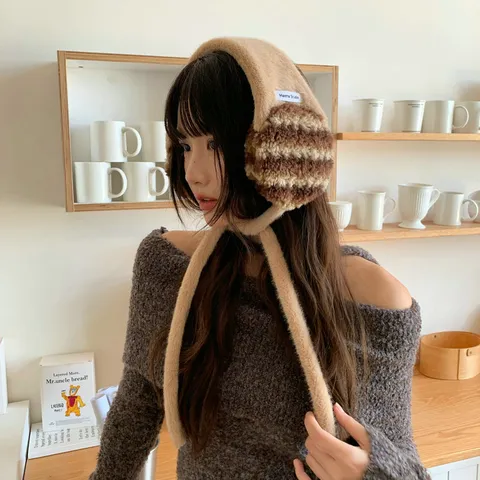 Winter Warm Plush Earmuffs Cute Striped Ear Warmers With Tie Soft Faux Fur Ear Covers For Women Cold Weather Daily Accessories
