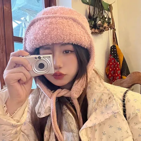 Damen Winter Warm Strick Ohrenklappenmütze Fleecegefüttert Einfarbig Süße Bomber Mütze Casual Süßer Stil Beanie