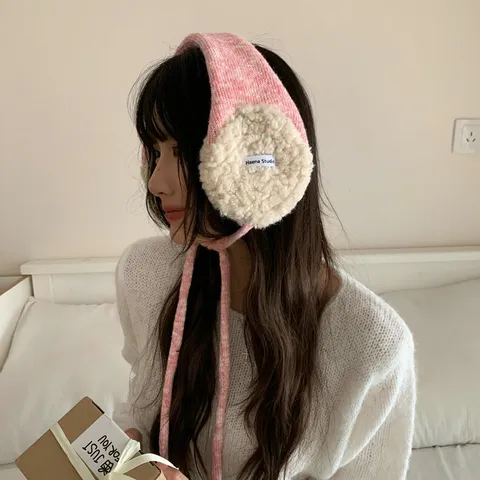 Winter Warm Plush Earmuffs For Women Cute Knit Colorblock Ear Warmers With Bow Straps Outdoor Windproof Cold Weather Earmuffs