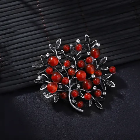 Vintage Alloy Branch Red Stone Brooch Pin Retro Tree Fruit Suit Sweater Scarf Buckle Corsage Jewelry For Women Men