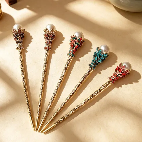 Vintage Alloy Rhinestone Flower Hair Stick Retro Artificial Pearl Lotus Tulip Hairpins For Hanfu Ancient Costume Updo Styling Women Hair Accessories