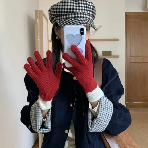 Women Winter Warm Knitted Gloves Touch Screen Color Block Splicing Daily Outdoor Riding Thermal Elastic Mittens