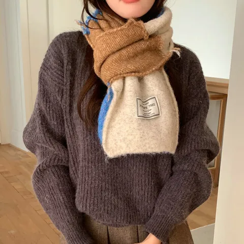 Women Korean Style Wool Blend Patchwork Scarf Contrast Color Knit Neck Warmer Winter Warm Versatile Scarf With Fabric Label