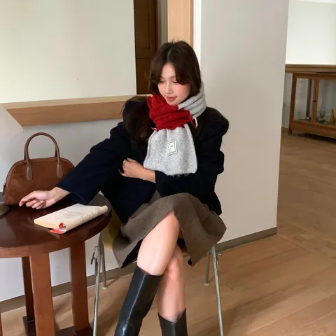 Women Korean Style Wool Blend Patchwork Scarf Contrast Color Knit Neck Warmer Winter Warm Versatile Scarf With Fabric Label
