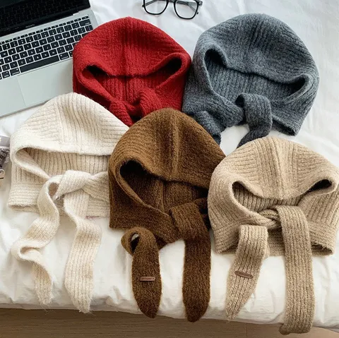 Damen Winter Balaclava Strickmütze Schal Integrierte Wollmischung Dicke Warme Kapuzenschal Lässige Pendler Gestrickte Halswärmer Mütze