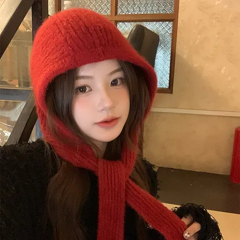 Damen Winter Balaclava Strickmütze Schal Integrierte Wollmischung Dicke Warme Kapuzenschal Lässige Pendler Gestrickte Halswärmer Mütze