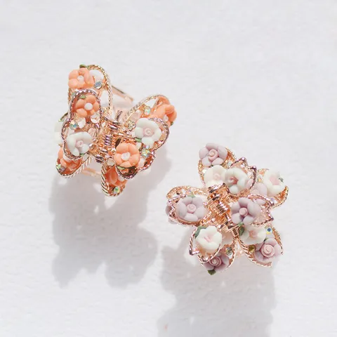 Retro Alloy Mini Hair Claws Polymer Clay Rose Flower Rhinestone Butterfly Hair Clips Vintage Jaw Clips Women Accessories