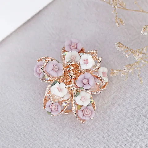 Retro Alloy Mini Hair Claws Polymer Clay Rose Flower Rhinestone Butterfly Hair Clips Vintage Jaw Clips Women Accessories