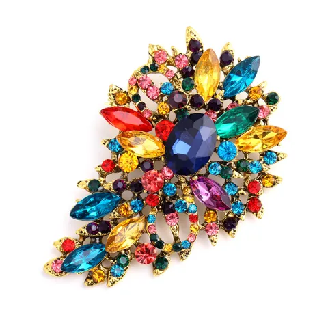 Vintage Crystal Glass Brooch Pin for Women Men Alloy Rhinestone Floral Teardrop Feather Shape Fashion Jewelry Accessory Gift