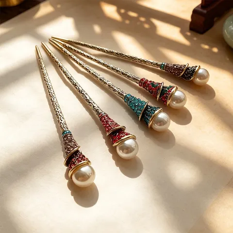 Vintage Alloy Rhinestone Flower Hair Stick Retro Artificial Pearl Lotus Tulip Hairpins For Hanfu Ancient Costume Updo Styling Women Hair Accessories