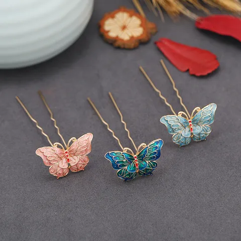 Palillo para el Cabello Vintage Cloisonne Mariposa Flor para Mujer Accesorios Hanfu Horquilla en Forma de U Retro Joyería para el Cabello