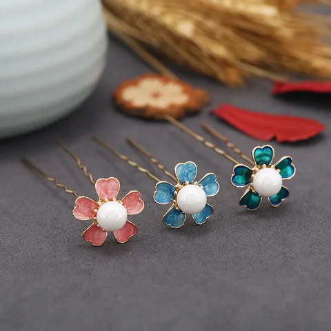 Palillo para el Cabello Vintage Cloisonne Mariposa Flor para Mujer Accesorios Hanfu Horquilla en Forma de U Retro Joyería para el Cabello