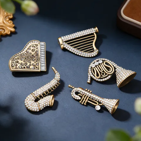 Vintage Musical Instrument Brooch For Women Men Alloy Rhinestone Piano Saxophone Harp Trumpet Horn Retro Lapel Pin Jewelry