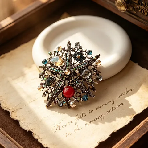 Vintage Oversized Starfish Brooch Inlaid Rhinestone Artificial Pearl Alloy Marine Animal Jewelry Accessory For Women Men