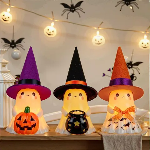 Resin Halloween Glowing Ghost Ornaments Outdoor Yard Decor Witch Hat Ghost Figurine Led Night Light Seasonal Desktop Decoration