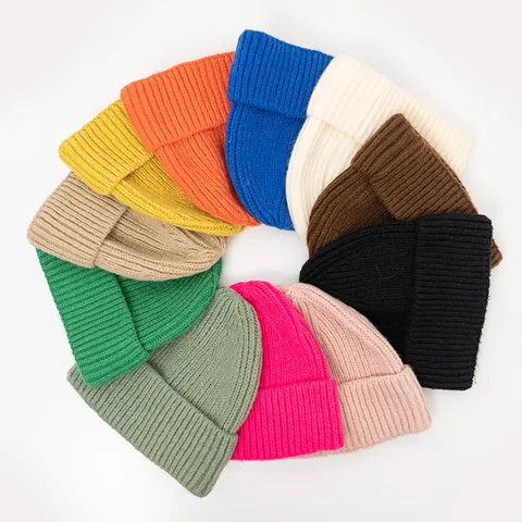 Bonnet Beanie en Tricot Côtelé Décontracté Couleur Unie Revers Chaud Thermique Sans Bord Casquette Froide Pour Hommes Femmes Enfants Accessoires Extérieur