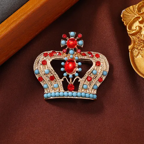 Vintage Colorful Gem Crown Brooch Medieval Rhinestone Flower Pin Light Luxury Round Brooch For Sweater Accessory Women Jewelry
