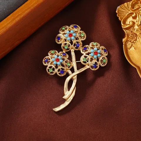 Vintage Colorful Gem Crown Brooch Medieval Rhinestone Flower Pin Light Luxury Round Brooch For Sweater Accessory Women Jewelry