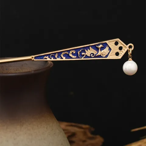 Pic à Cheveux Vintage en Alliage Loto Goutte d'Huile avec Perle Artificielle et Strass Style Chinois Bijoux Femme