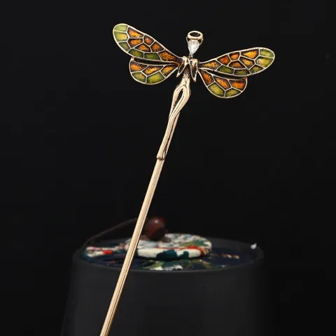 Vintage Alloy Copper Rhinestone Enamel Dragonfly Fairy Hair Stick Electroplated Elegant Chignon Pin Hair Accessories For Women Party Daily Hair Updo Jewelry