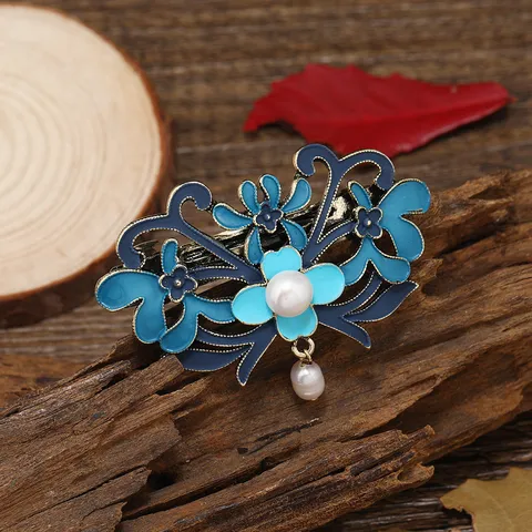 Vintage Chinese Style Alloy Artificial Pearl Tassel Hair Stick Blue Enamel Floral Butterfly Hairpin For Women Hanfu Costume Dress Hair Jewelry