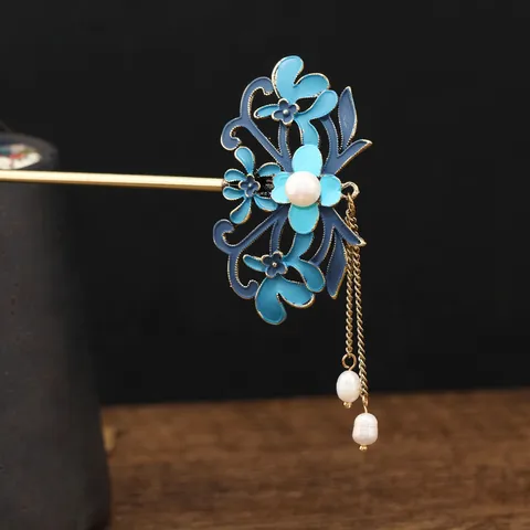 Vintage Chinese Style Alloy Artificial Pearl Tassel Hair Stick Blue Enamel Floral Butterfly Hairpin For Women Hanfu Costume Dress Hair Jewelry