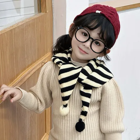 Bufanda de Punto Triangular a Rayas para Niños Estilo Coreano Lindo Bufanda con Pompones para Niños Niñas Bebé Invierno Cálido