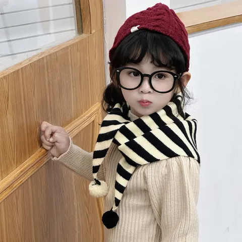 Bufanda de Punto Triangular a Rayas para Niños Estilo Coreano Lindo Bufanda con Pompones para Niños Niñas Bebé Invierno Cálido